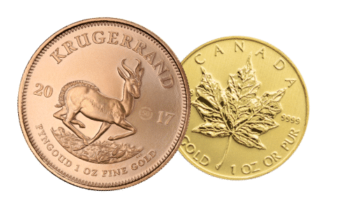 Goldmünzen Krugerrand und kanadisches Ahornblatt
